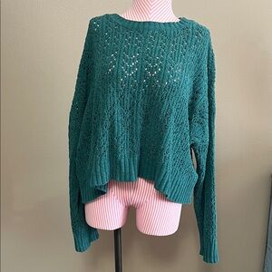 American Eagle Outfitters Teal Forest Green Eyelet Crew Neck Sweater - L